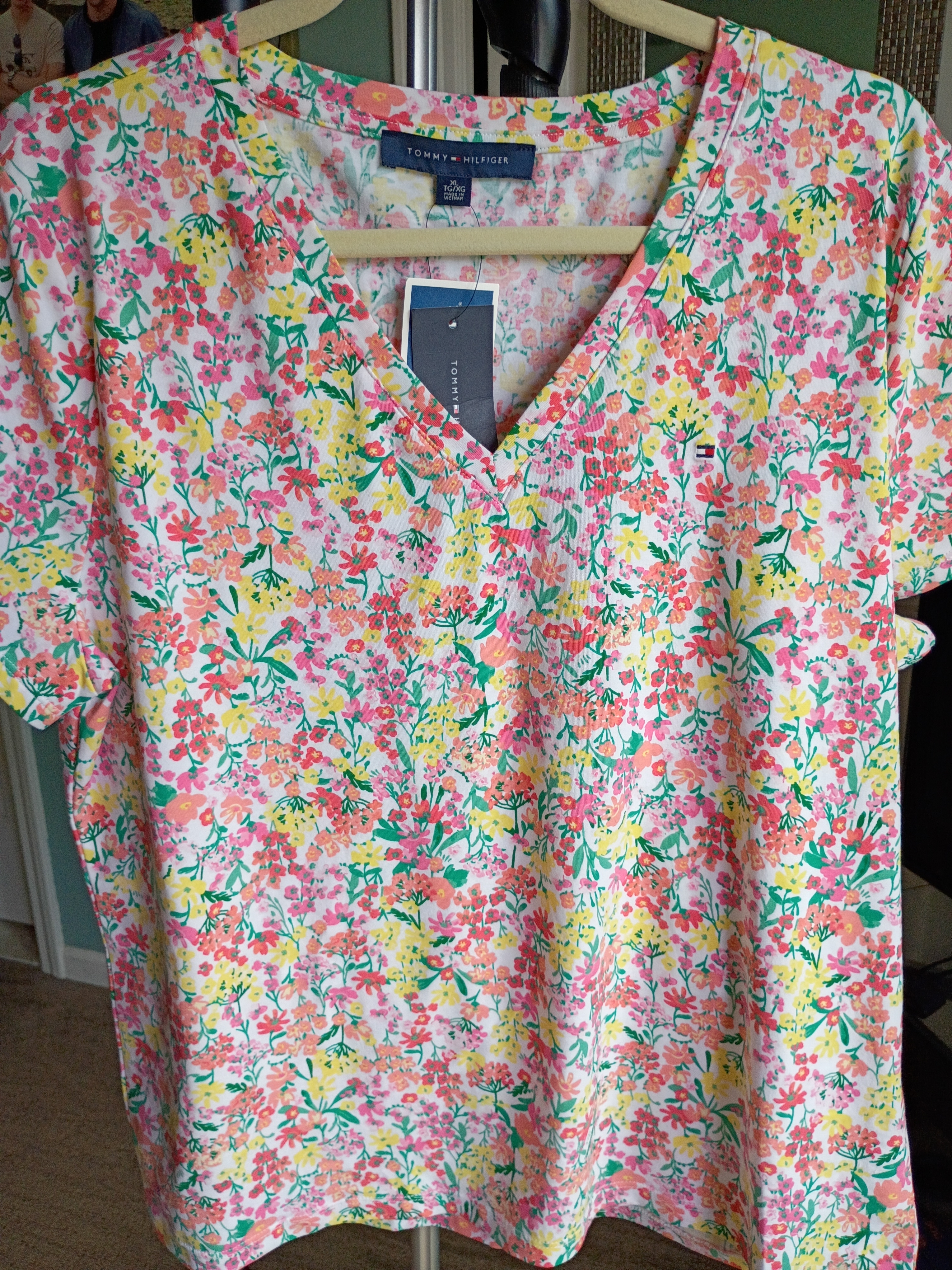 Tommy Hilfiger Floral V-Neck Short Sleeve Top - Pink, Yellow, Green. New